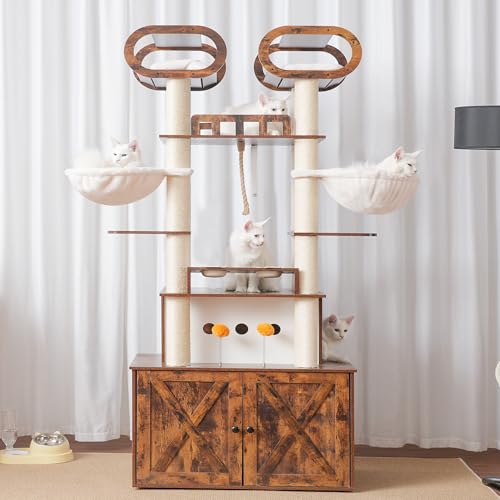 Heybly Cat Tree with Litter Box Enclosure, 76.8-inch Wooden mainecoons Cat Tower with Food Station,Extra Large Platforms