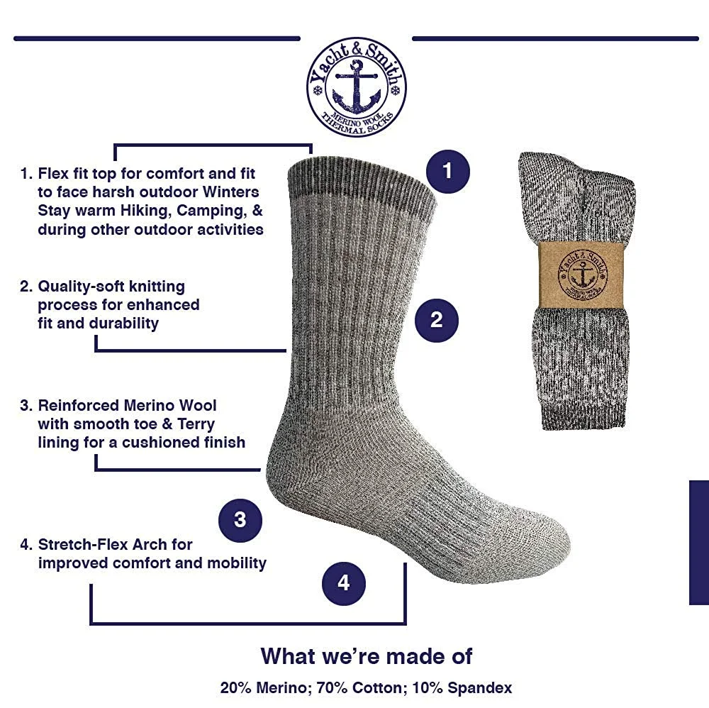 60 Pair Pack Bulk Merino Wool Thermal Boot Socks, Cold Resistant Camping Socks (60 PAIR MENS)