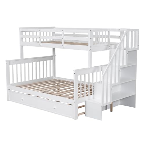 Harper & Bright Designs Twin Over Full Bunk Bed, Wood Twin Over Full Bunk Bed Frame with Trundle and Storage Shelves