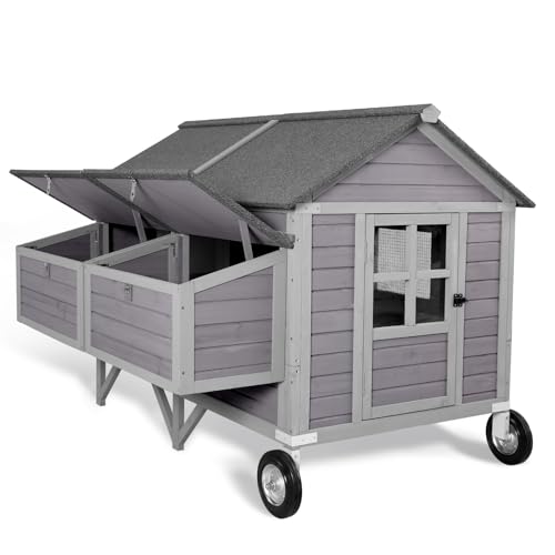 GUTIINNEEN Mobile Chicken Coop with Super Large Wheels and Four Nesting Boxes Mobile Duck House for 8-10 Chickens 68.1" L x 41.3" W x 49" H