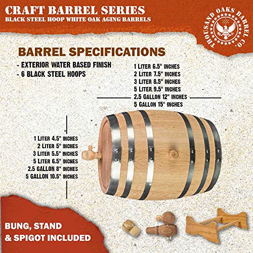 2 Liter Oak Aging Barrel with Wood Stand, Bung & Spigot - Mini Whiskey Barrels for The Home Alcohol Distiller, Moonshiner & Winemaker - Age Cocktails