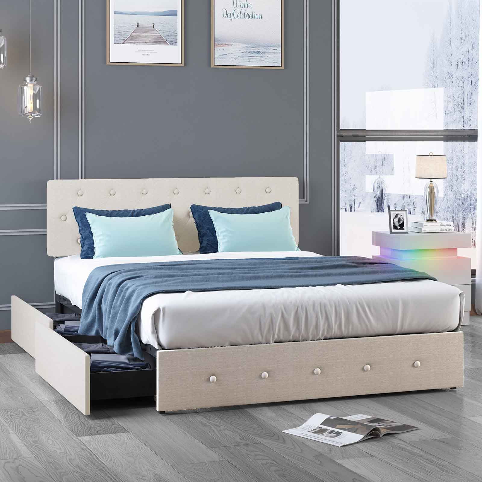 CECER Queen Size Bed Frame. Bed Frame with 4 Built-in Storage Drawers & Adjustable Headboard. Button Tufted Design- Beige