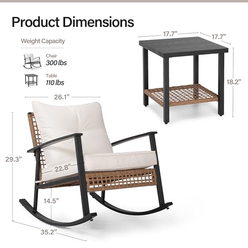 LAUSAINT HOME 3-Piece Rocking Bistro Set, Outdoor Patio Furniture with Thick Cushions and 2-Tier Coffee Table