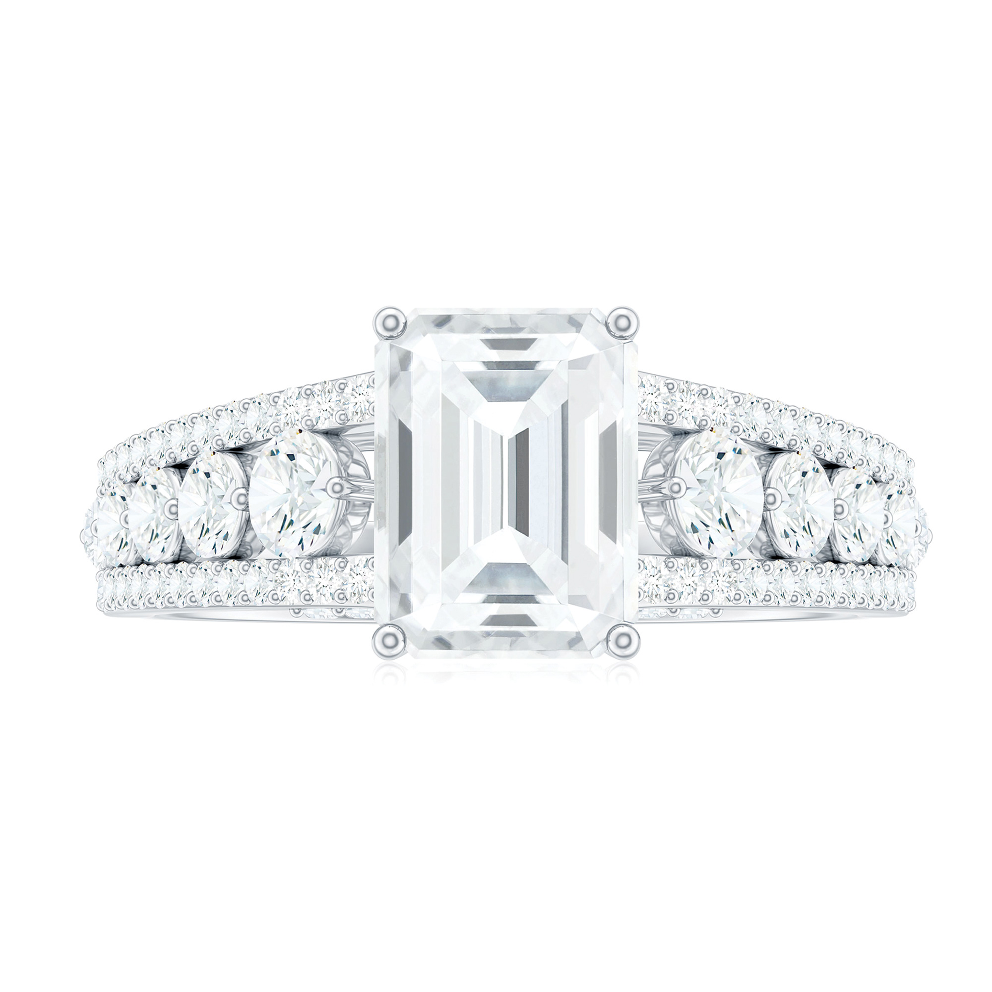 Emerald Cut Moissanite Solitaire Engagement Ring with Side Stones (3.25 CT), 18K White Gold, US 5.50