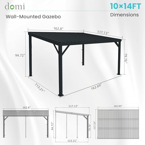 Domi 10' x 14' Lean to Gazebo, Wall Mounted Gazebos Pergola with Built in Drainage System, Galvanized Steel Roof