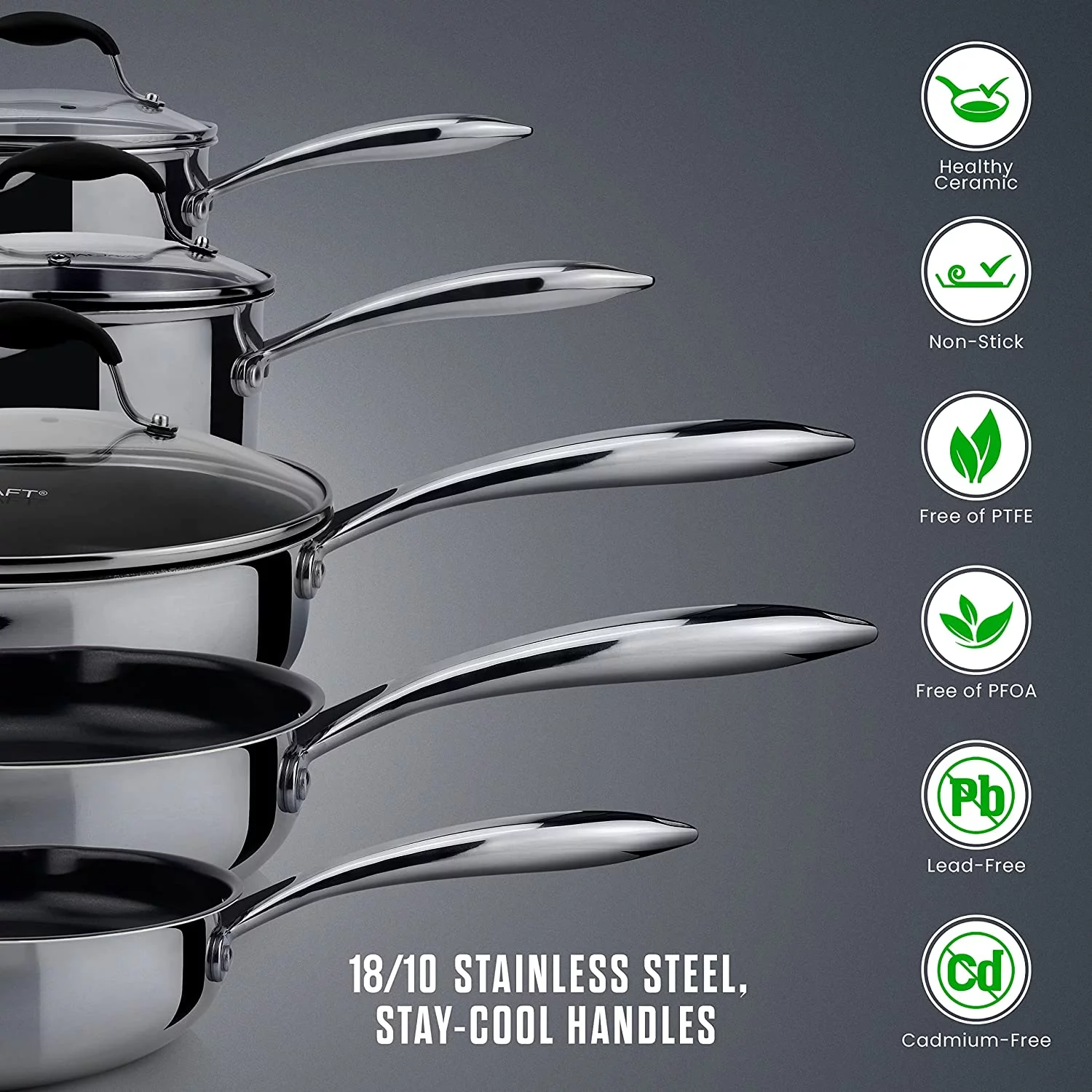 Premium Ceramic Non Stick Cookware Set  100% PFOA  PTFE Toxin Free  Best Nonstick Pots and Pans Set  Multi-Ply Body Ceramic Pan Set  10-Piece Sets