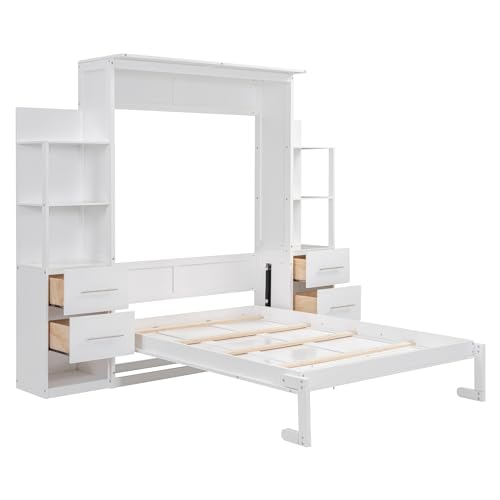 MERITLINE Queen Murphy Bed with Storage Drawers,LED Lights and Shelves,Wood Murphy Wall Bed Cabinet for Adults (Grey)