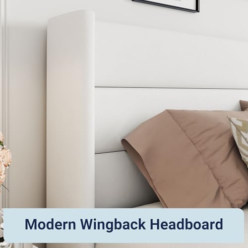 Allewie Full Size Lift Up Storage Bed, Modern Wingback Headboard, Hydraulic Support, No Box Spring Needed, Light Beige
