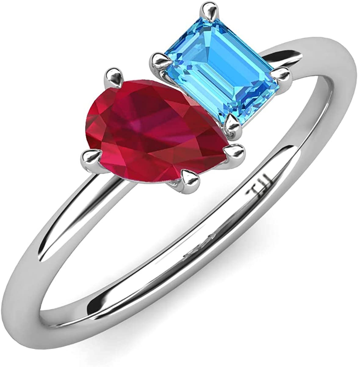 Pear Lab Created Ruby & Emerald Cut Blue Topaz 2 7/8 ctw Four Prong Women 2 Stone Duo Engagement Ring 14K Yellow Gold-8.0