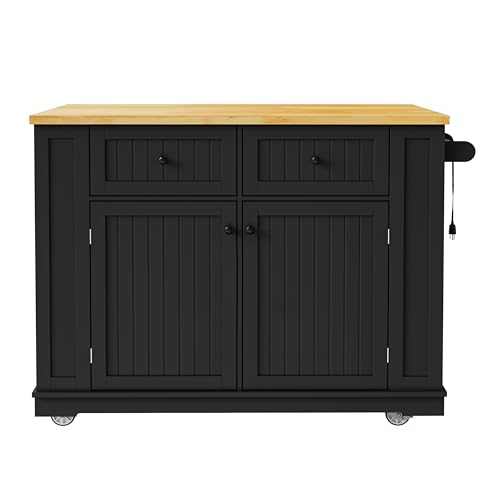 Ball & Cast 48" Large Kitchen Island with Power Outlet,Rolling Kitchen Cart on 5 Wheels W/Drop Leaf and 5 Open Side Racks