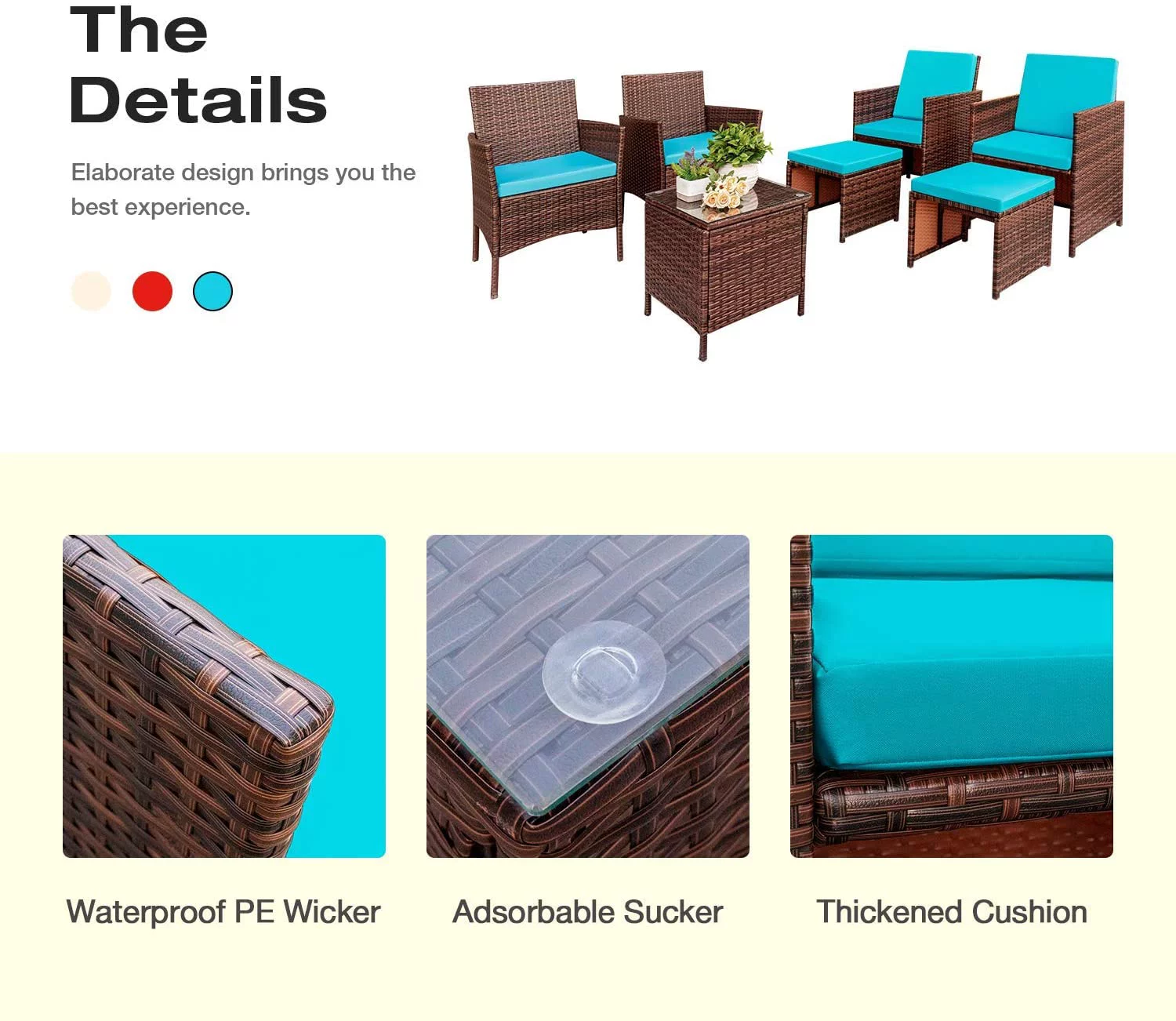 Vineego 7-Pieces Patio Furniture Set Outdoor All Weather Cushioned Wicker Chairs with Ottoman and Glass Table, Blue