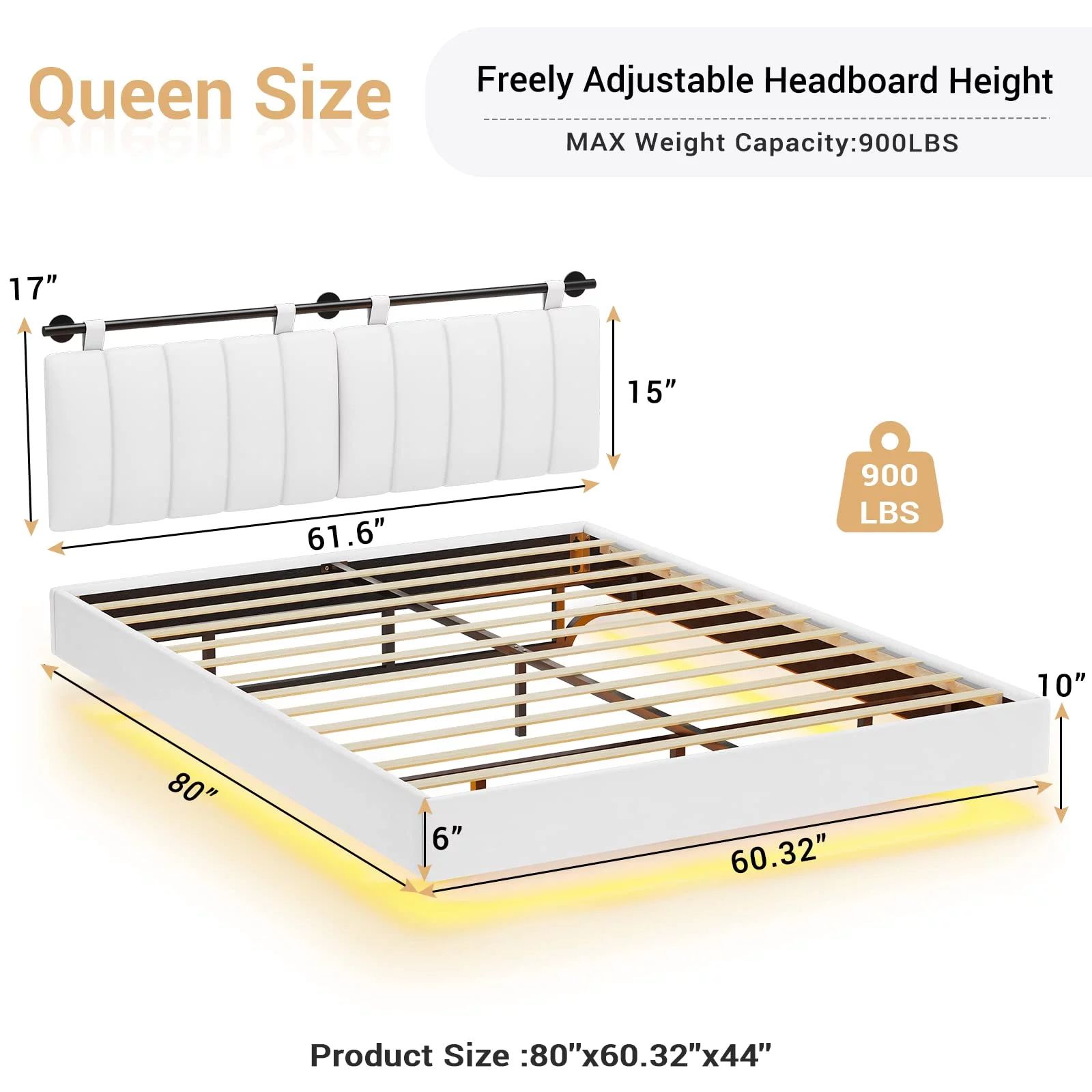 Afuhokles LED Floating Queen Bed Frame with Wall Mounted Headboard and Led Lights, Platform Bed Frame with Upholstered Headboard, Faux Leather Fabric