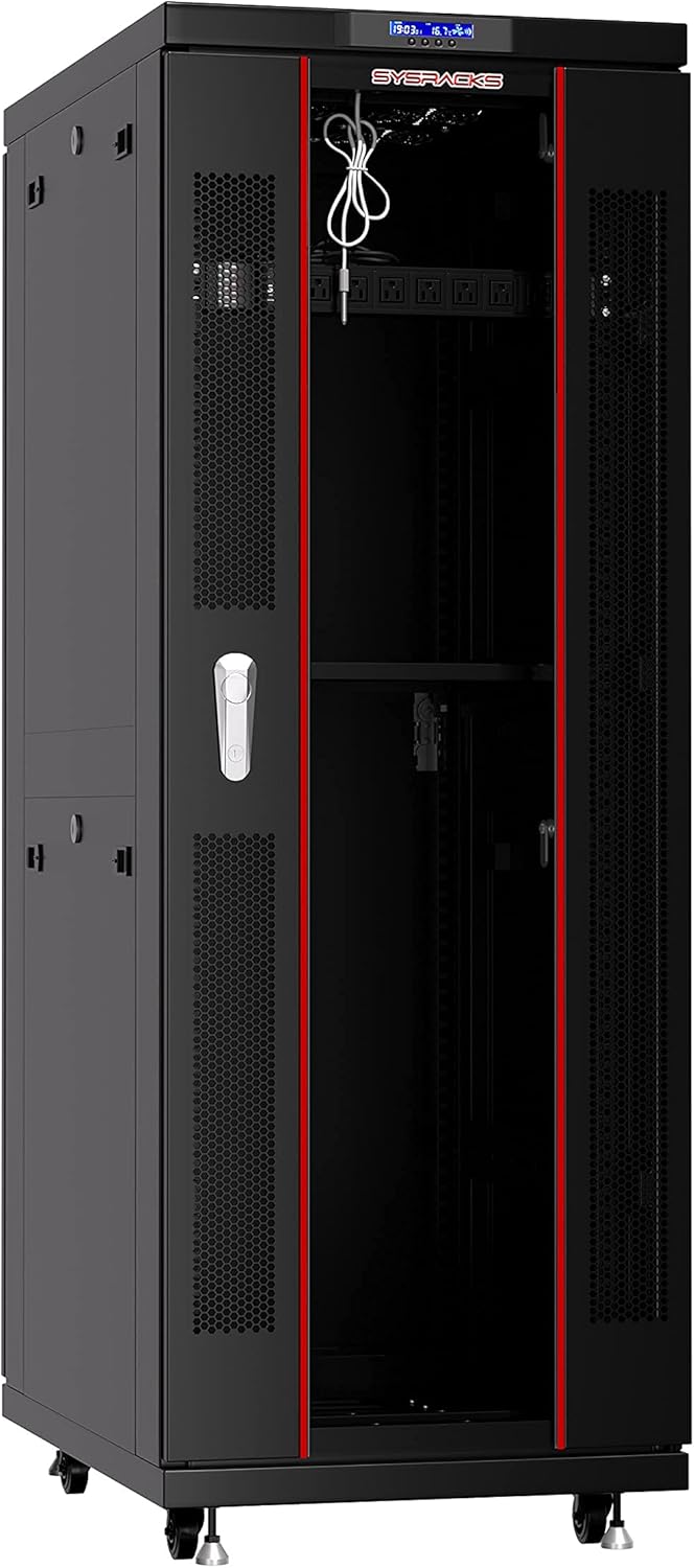 Sysracks Server Rack 42U Network Enclosure 39 inch Deep Data Cabinet on Wheels - Fully Locking Network Rack - Thermostat - LCD Screen - Power Strip