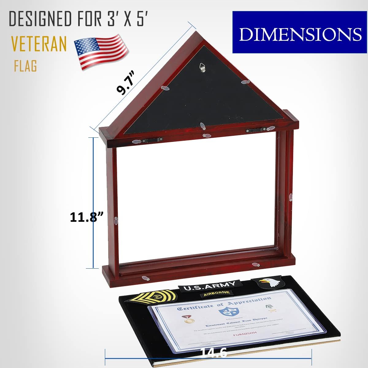 Flag Display Case for Folded Americian Flag with Certificate & Document Holder Display Frame Military Shadow Box for Army Navy Air Force Veterans