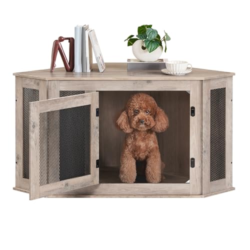 Corner Dog Crate Furniture, Wooden Dog Kennel End Table, Decorative Pet Crate Indoor Use, Furniture Style Dog House for Small Medium Dog