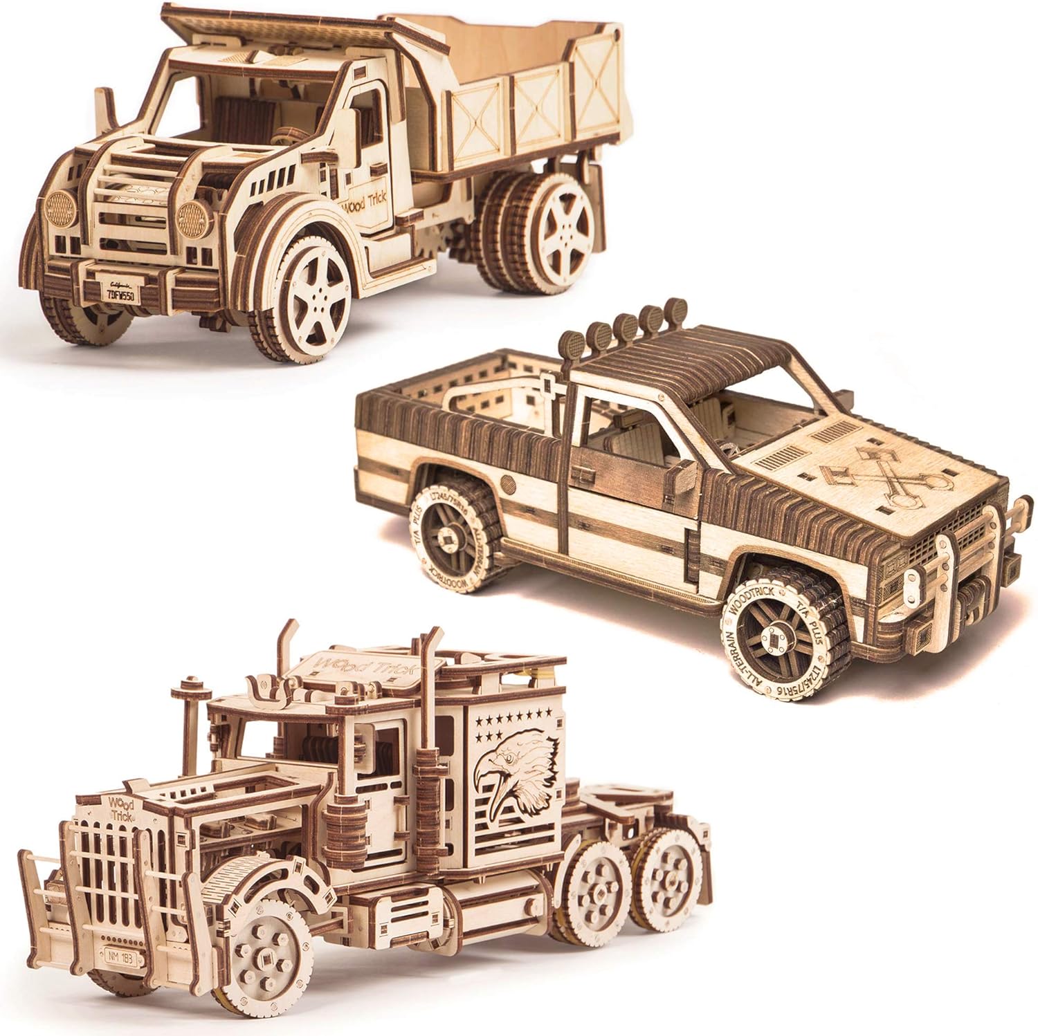 Wood Trick Big Rig Truck + Pickup + American Truck Bundle - 3D Wooden Puzzle Kits - Car Wooden Model Kits to Build