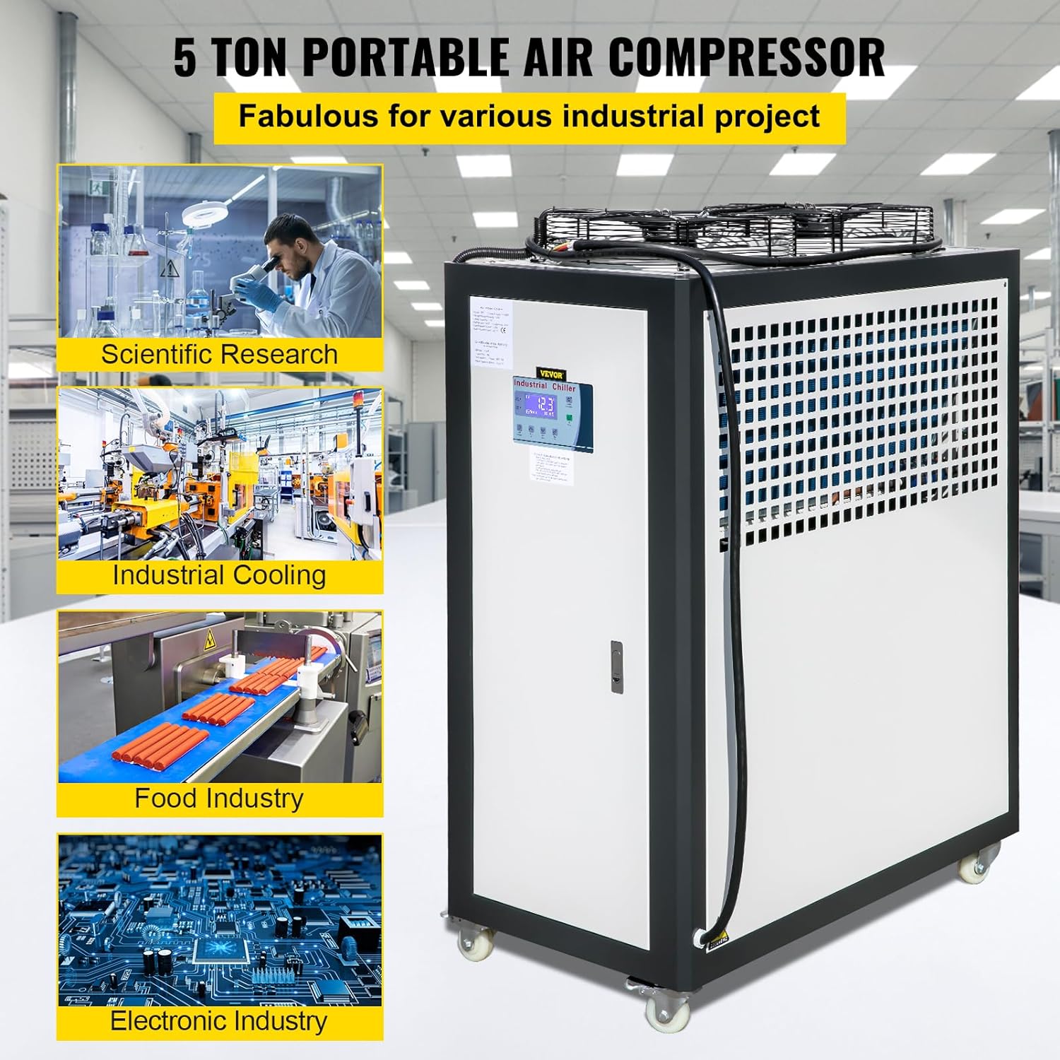 VEVOR Air Cooled Water Chiller 5 Ton Portable, 5Hp 53L Tank Industrial Chiller, Finned Condenser w/Micro-Computer Control