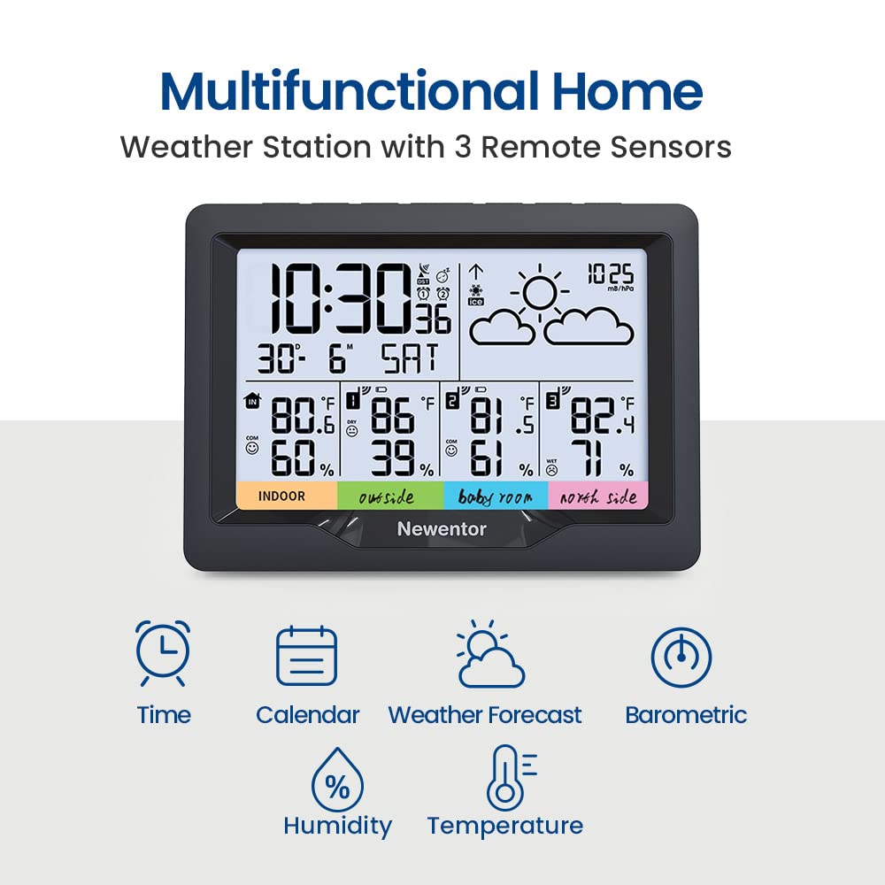 Newentor Weather Station Wireless Indoor Outdoor Multiple Sensors, Outdoor Thermometer Hygrometer with Atomic Alarm Clock