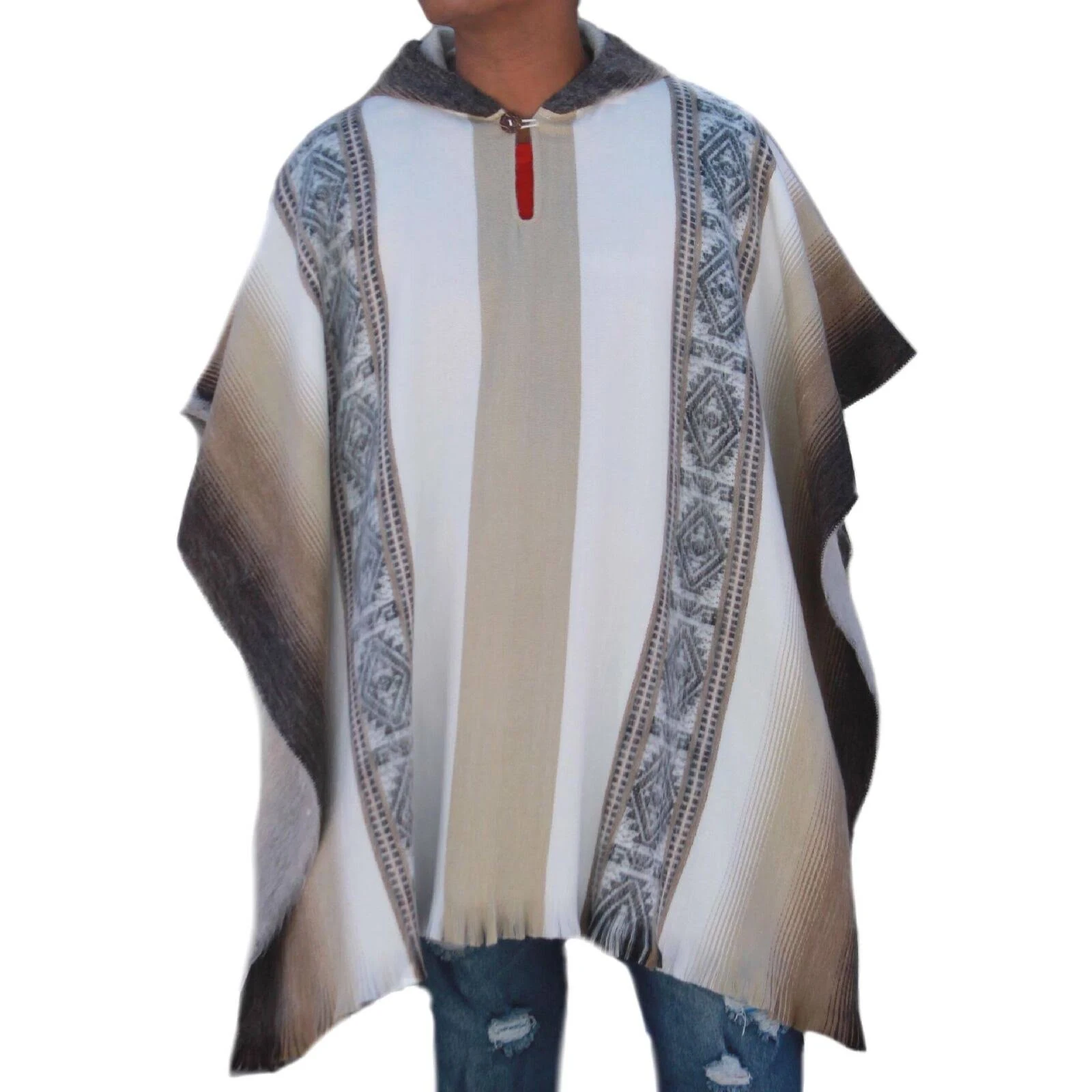 EcuaLama Hooded Wool Poncho Cape in White u0026 Brown - One Size