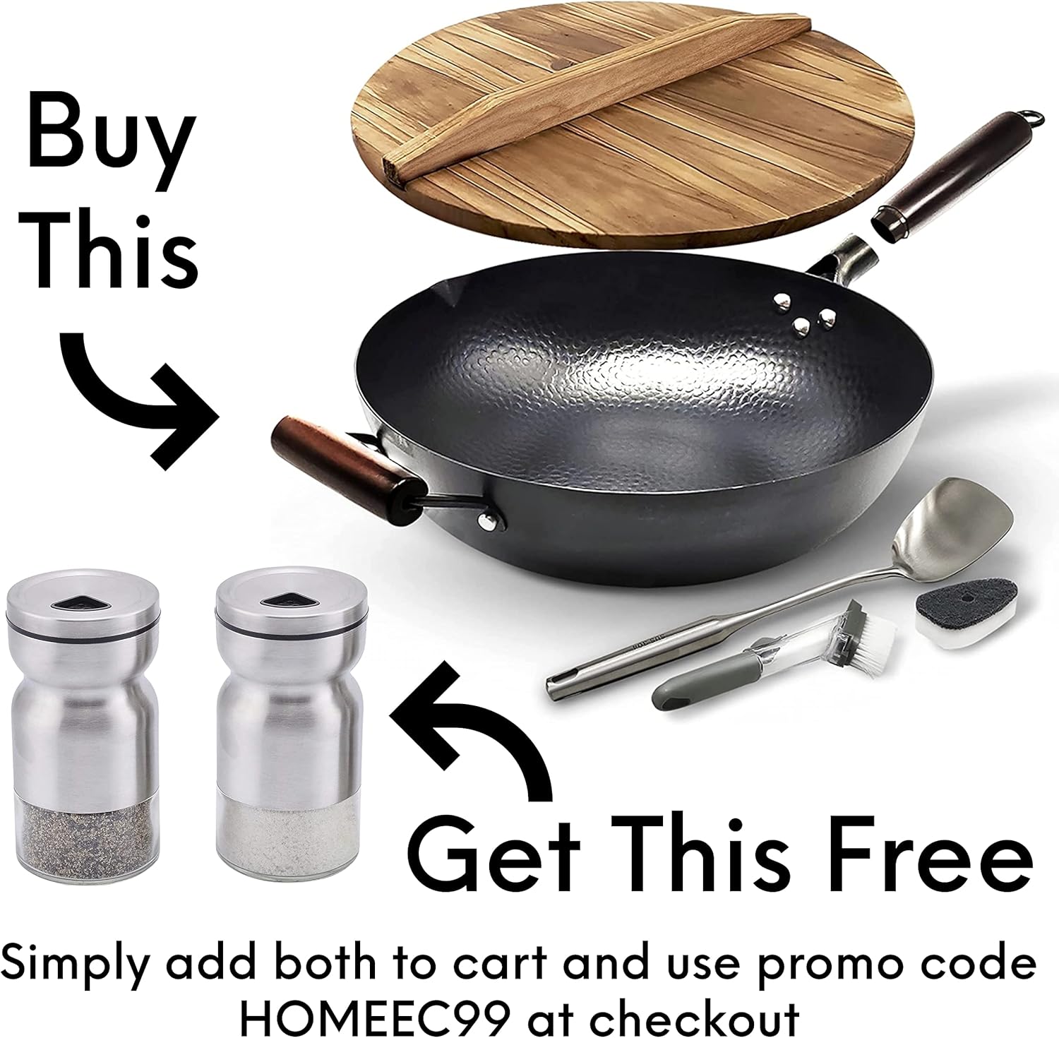 HOME EC Carbon Steel Wok Pan With Lid, Stir Fry Wok Set, Steel Spatula, and Cleaning Brush