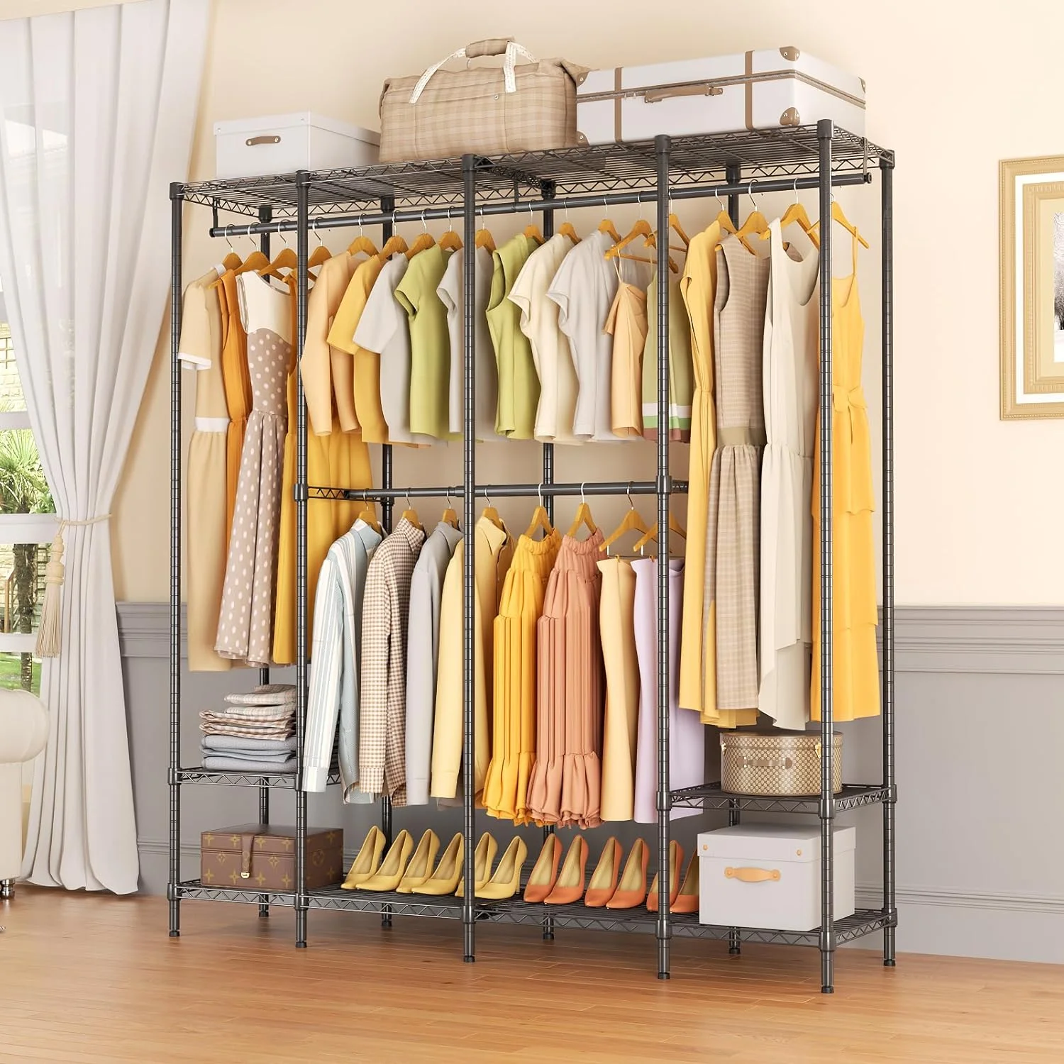 Wardrobe Rack,Freestanding Portable Closet Clothing Organizer,Corner Wardrobe Closet Storage,Wire Garment Rack Clothes Rack