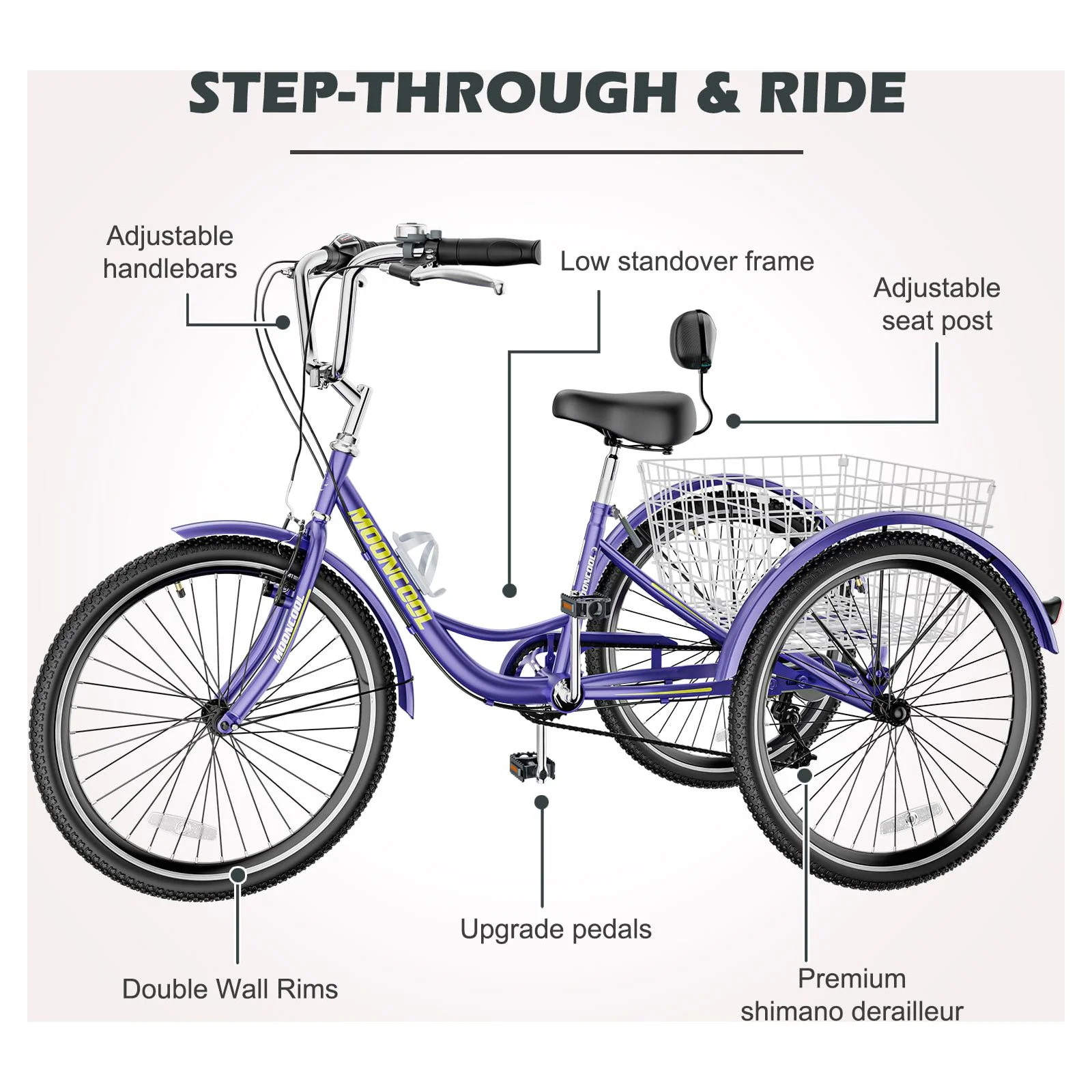 Docred Adult Tricycle 7 Speed 24 Inch Three Wheel Bike Cruiser Trike for Men/Women/Seniors