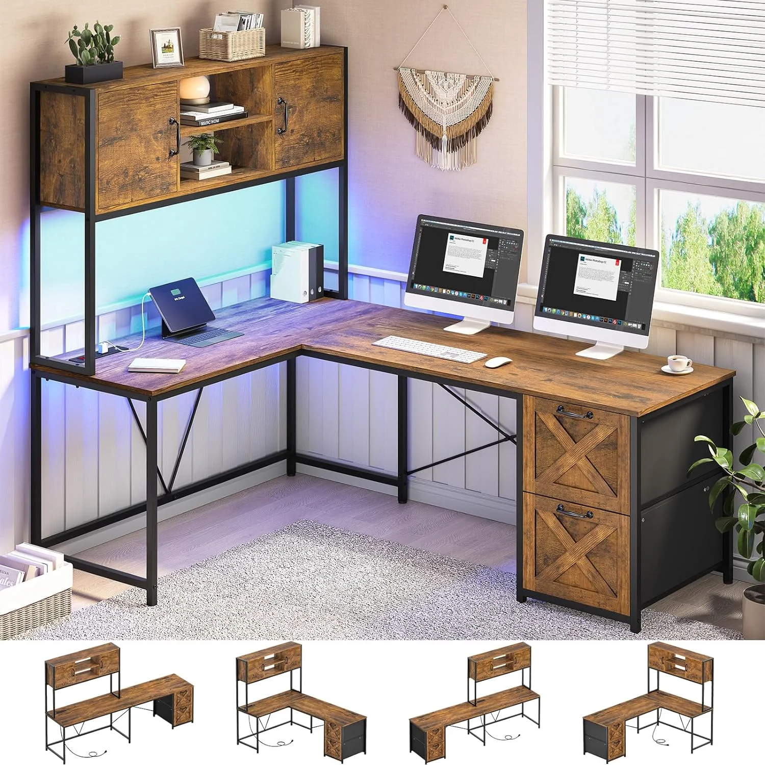 L Shaped Desk with Fabric Drawers and Power Outlet, Home Office Desk with LED Lights, Rustic Brown