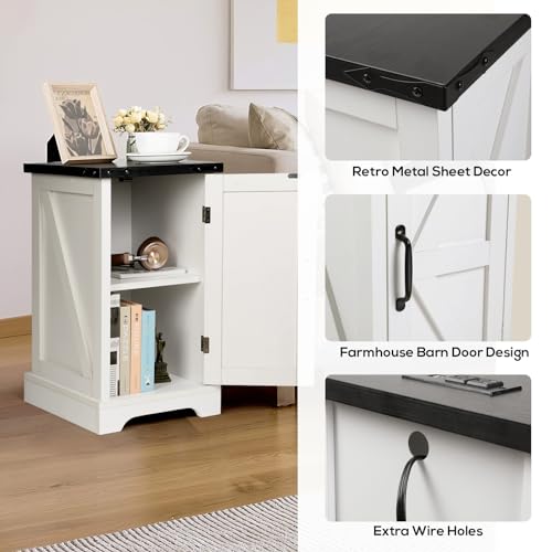 VOWNER 2PCS Farmhouse Nightstand with Charging Station, 17" Rectangular End Table with Barn Door, Wood Rustic Sofa Side Table for Living Room