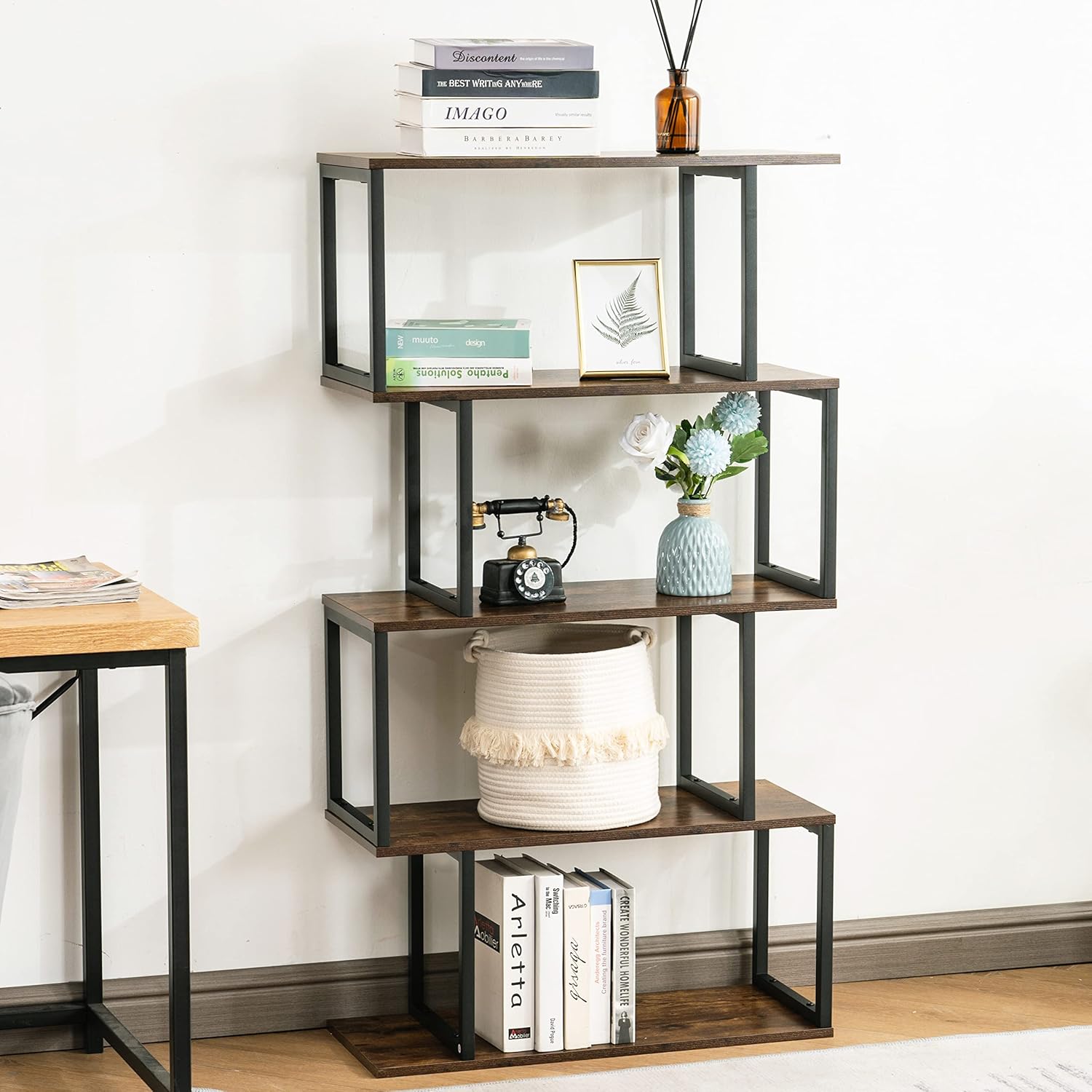 Apicizon Industrial Bookshelves Wooden Bookcase, 2-Tier Bookshelf, S-Shaped Bookshelf Modern Bookshelf