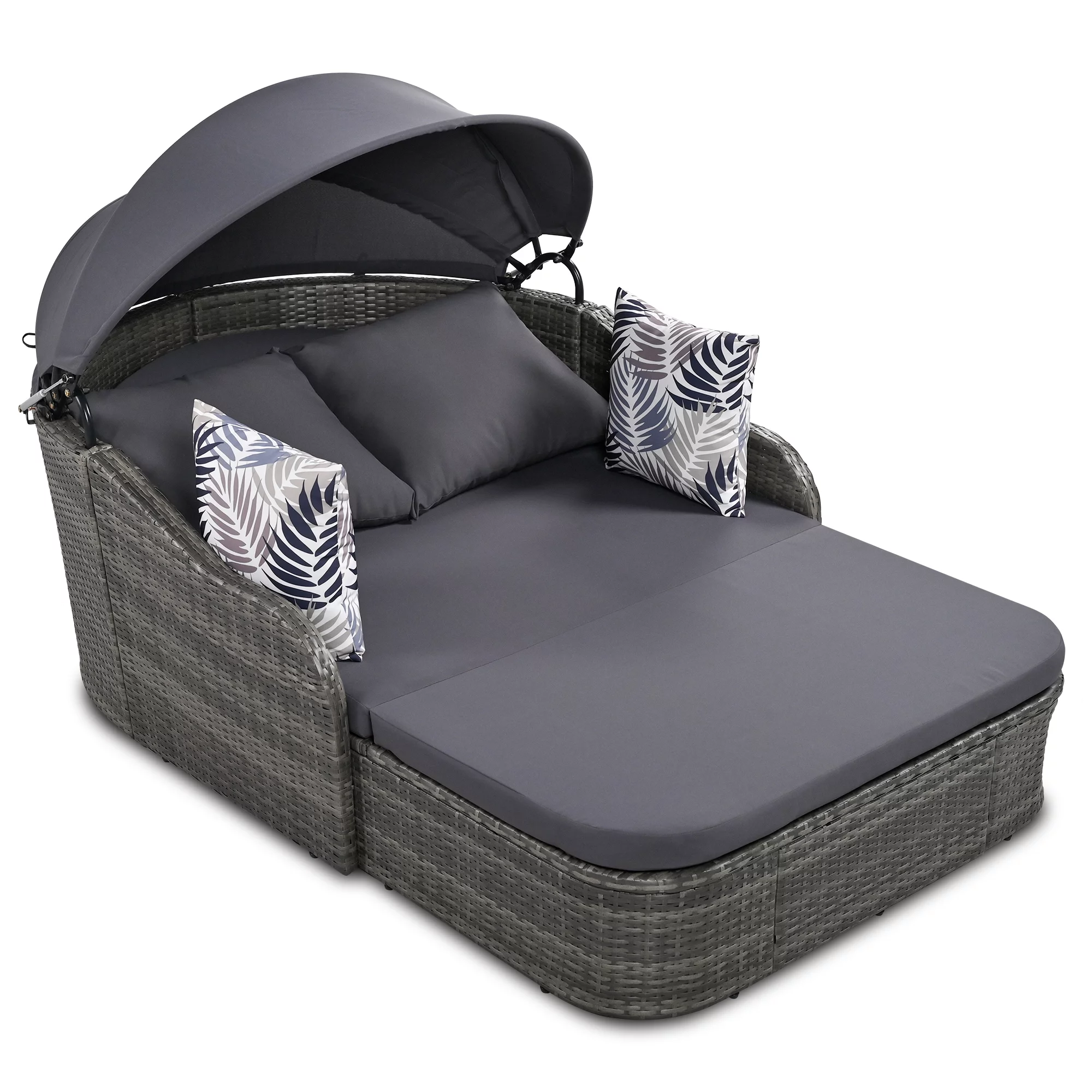 SEGMART Outdoor Sunbed with Retractable Canopy, Patio PE Rattan Double Lounge Daybed with 3 Cushion and 4 Pillows