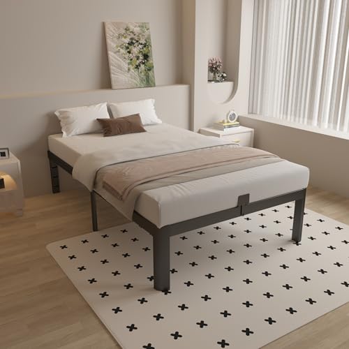 Full Size Bed Frame 16 Inch Black, Metal Platform Full Bed Frame with Baffles, No Box Spring Needed, Heavy Duty Steel Supprt, Rounded Corner Design