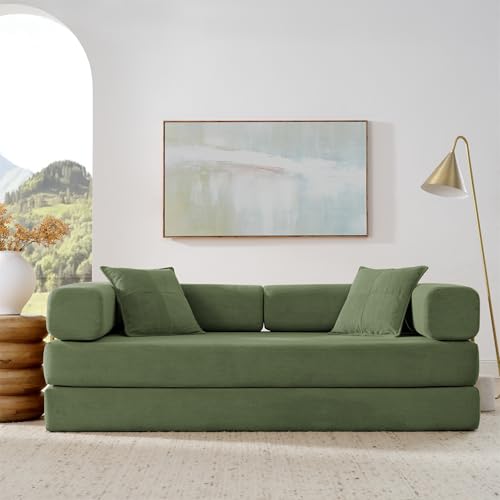 4-in-1 Folding Convertible Sofa Bed, 78 Inch Boneless Couch with Fixed-Shape Frame, Corduroy Loveseat Sleeper with Pull Out Bed