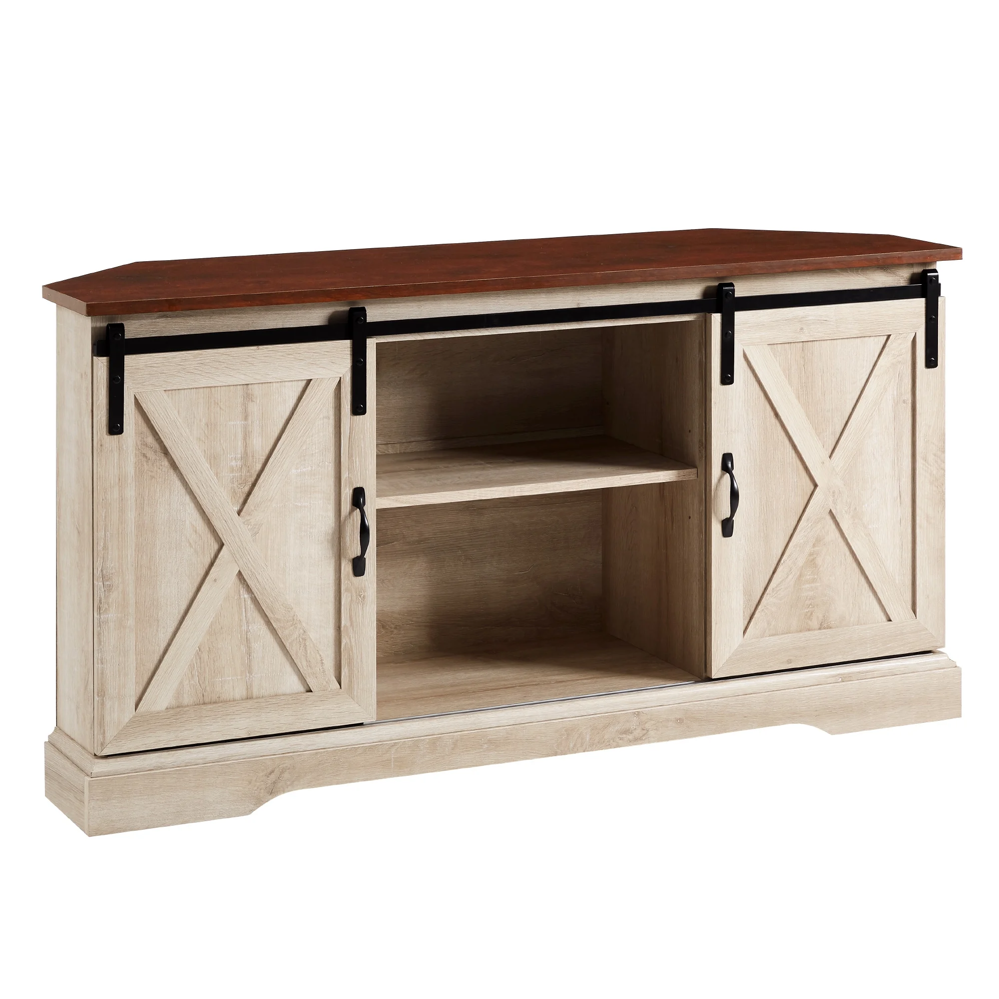 Walker Edison Modern Farmhouse Sliding Door Corner TV Stand, White Oak