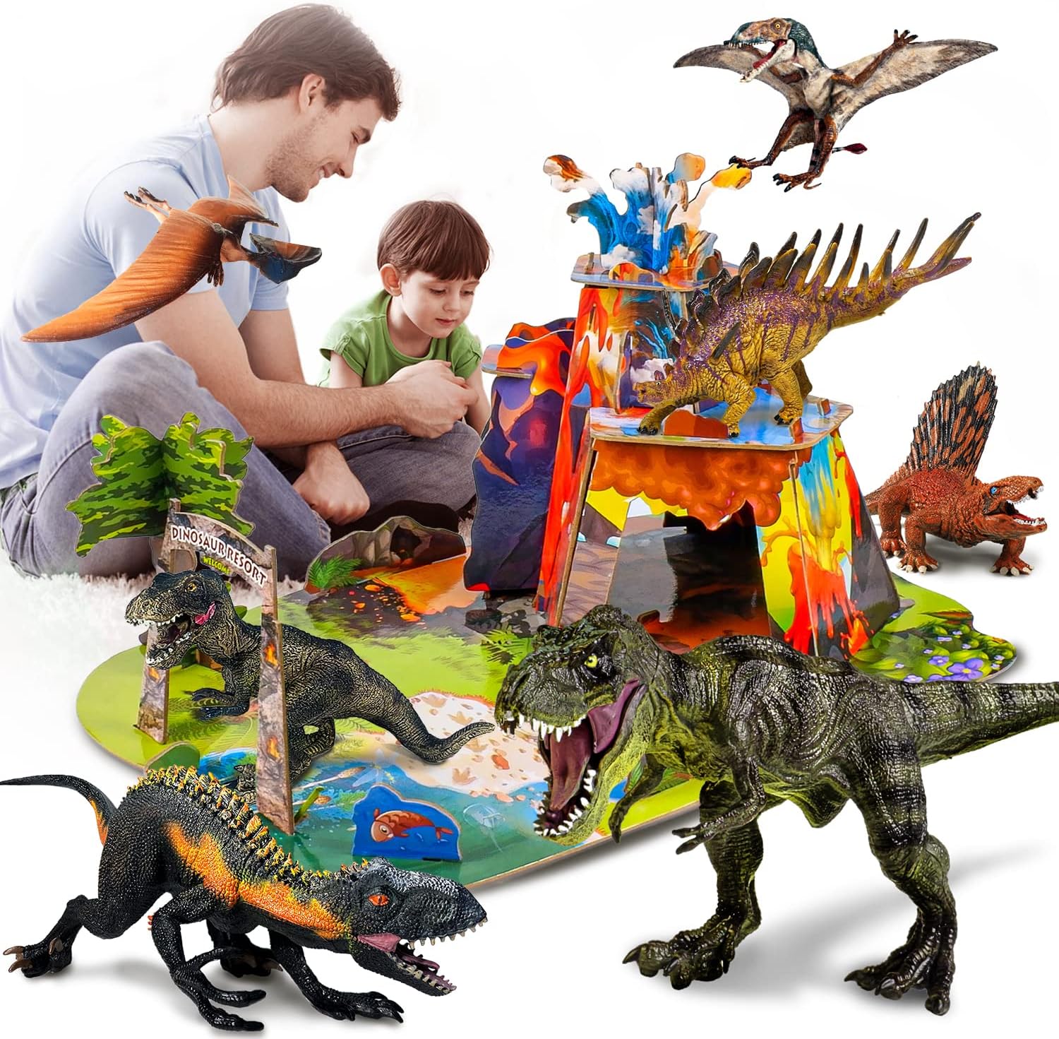 CPSTOYWORLD Realistic Dinosaur Toys for Kids, Large Dinosaur Figure Sets Including Movable T-Rex, Triceratops, Indoraptor and 3D Volcano Puzzles