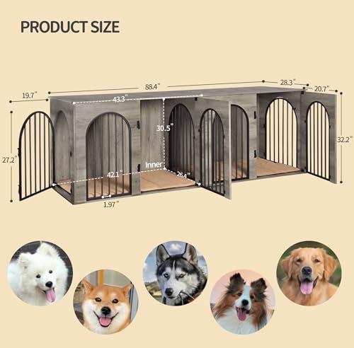 71" Dog Crate Furniture for 2 Dogs, Heavy Duty Indoor Dog Kennel TV Stand, XXL Wooden Dog Cage with Divider for Medium Large Dogs