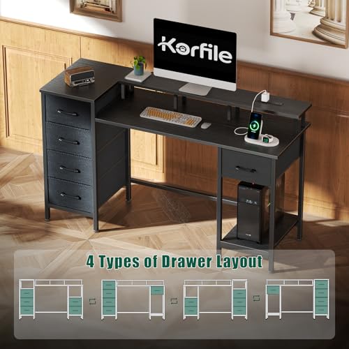 47 Inch Computer Gaming Desk with Power Outlets LED Lights Reversible Home Office with Adjustable Fabric Storage Drawers for Working Writing Study