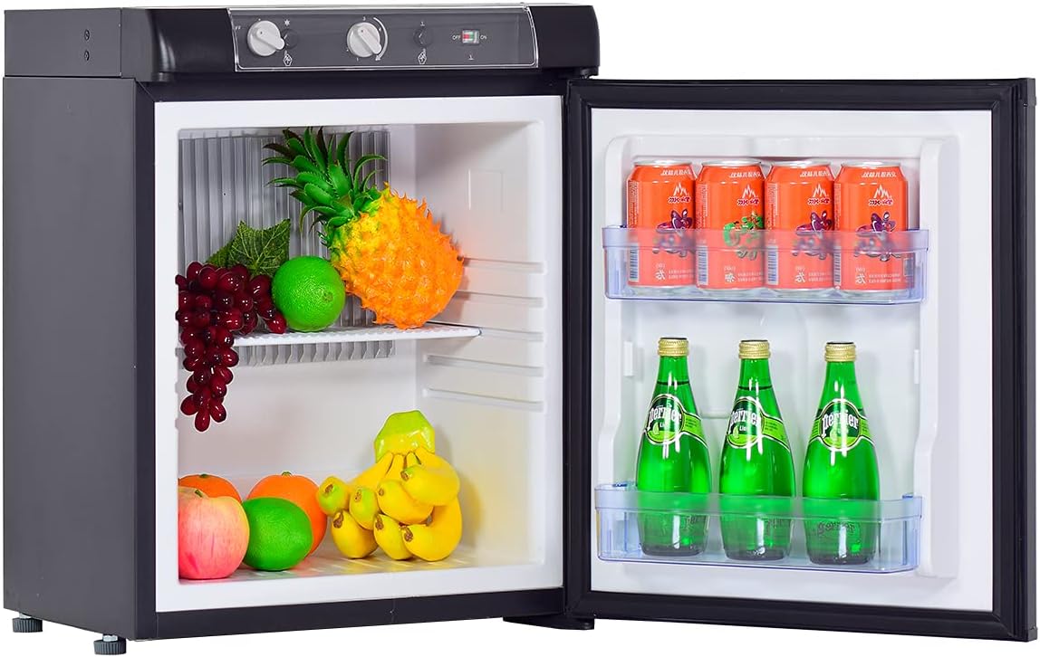 SMETA 12V Compact Fridge Camper Refrigerator, Propane Fridge for RV Camper Truck Trailer, 110V/12V/Gas Mini Fridge, 1.4 Cu.Ft, Black