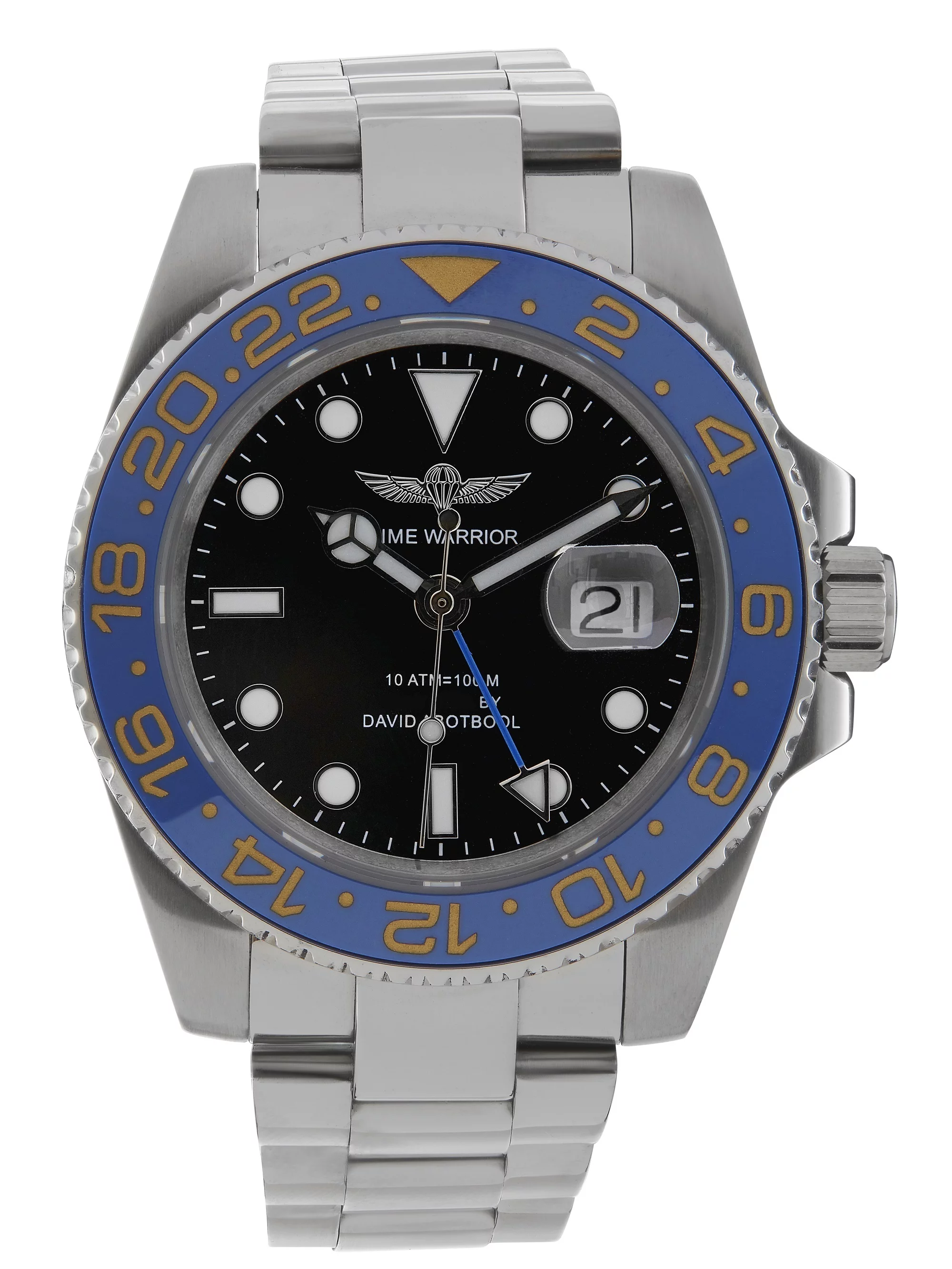 Time Warrior Swiss Men's GMT Watch, Black Dial, 316L Case - Blue and Yellow Bezel, Sapphire Glass, Swiss Quartz Movement, Men's Pro Diver Watch