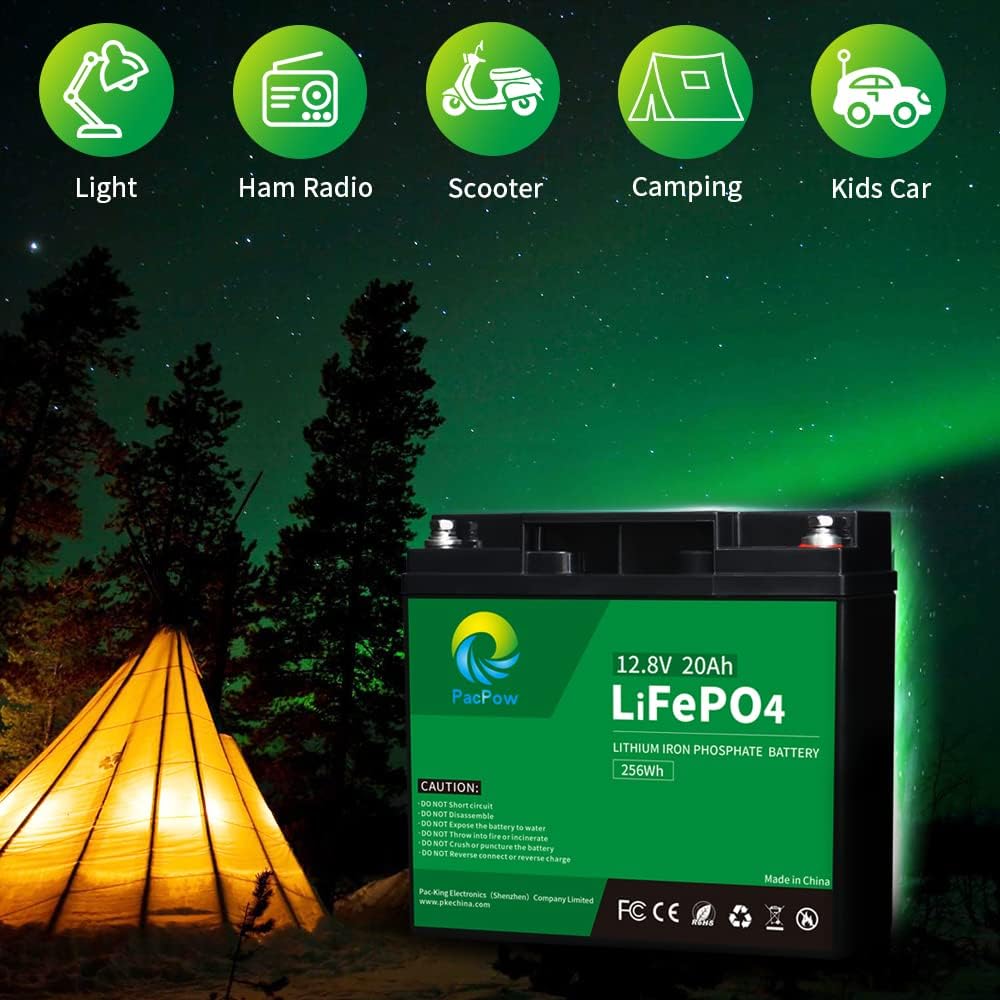 PacPow 12V 20Ah LiFePO4 Lithium Iron Phosphate Battery with Built-in BMS for Fish Finder, Ham Radio, Scooter, Trolling Motor, Light