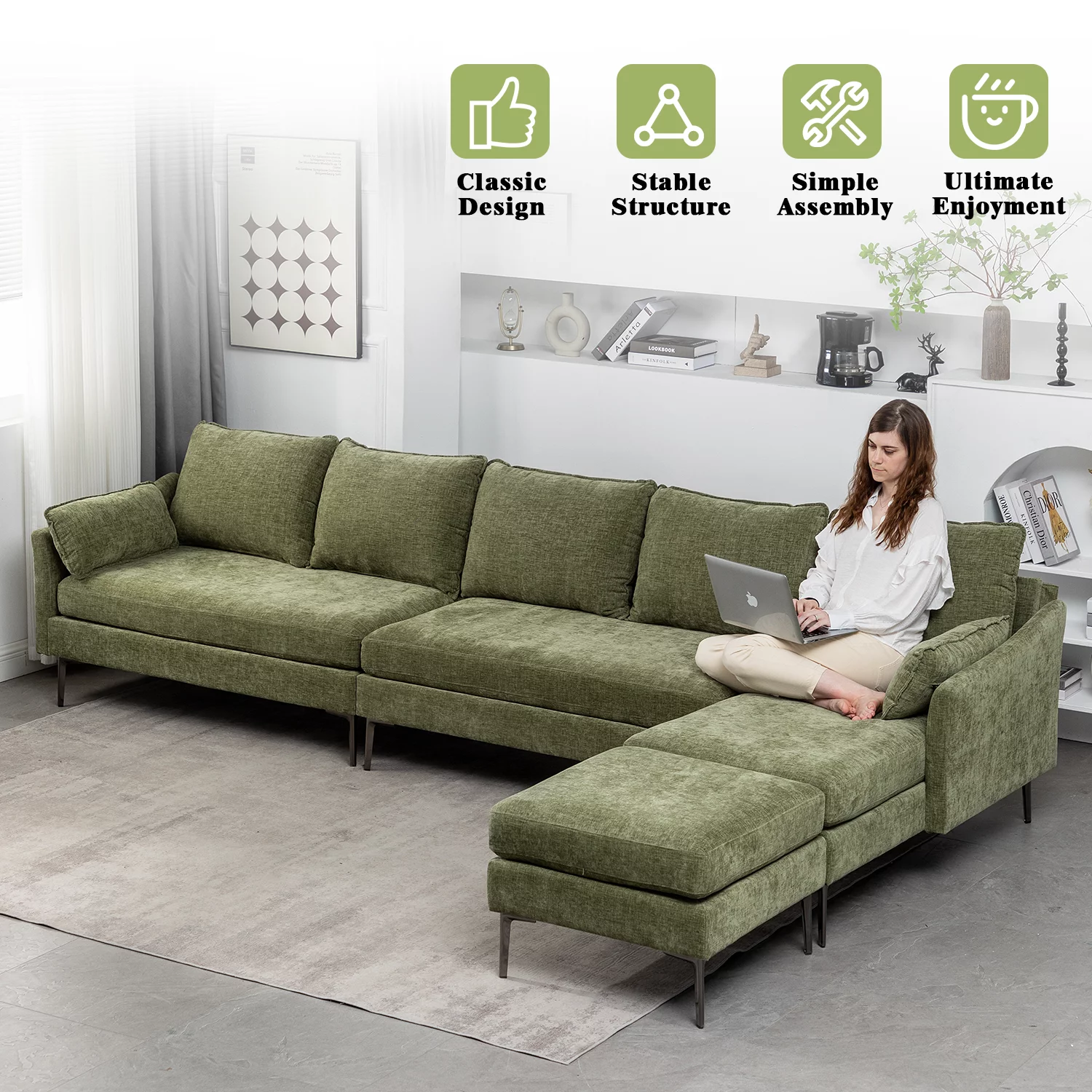 Mellcom L Shaped Sectional Sofa Chenille Convertible Sectional Couch with Chaise Lounge and Ottman for Living Room,Green