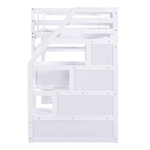Harper & Bright Designs Twin Over Twin Bunk Bed with Stairs and Trundle, Solid Wood Stairway Bunk Bed Frame with Storage