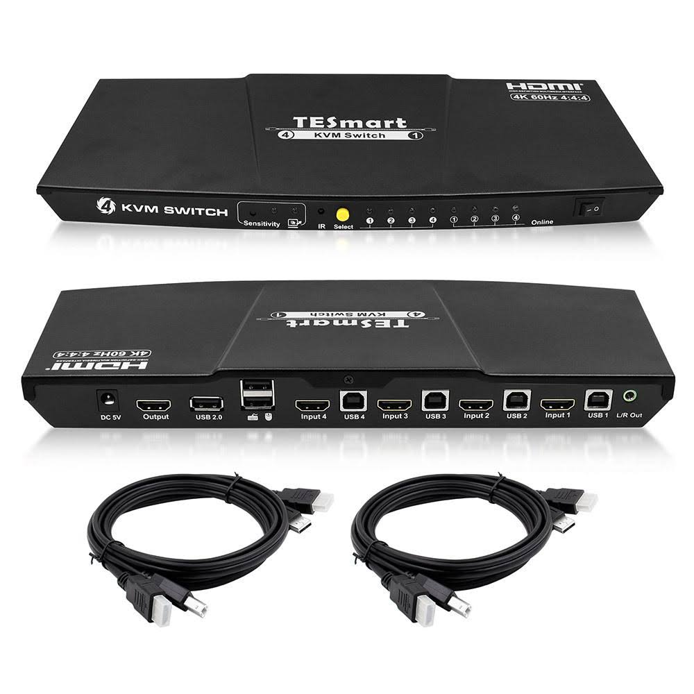 TESmart HDMI 4K Ultra HD 4x1 HDMI KVM Switch 3840x2160@60Hz 4:4:4 with 2 Pcs 5ft KVM Cables Supports USB 2.0 Device Control