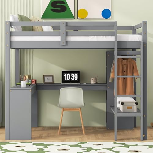 SOFTSEA Full Size Loft Bed with Desk & Wardrobe, Wood Loft Bunk Bed with Storage Shelves and Cabinets
