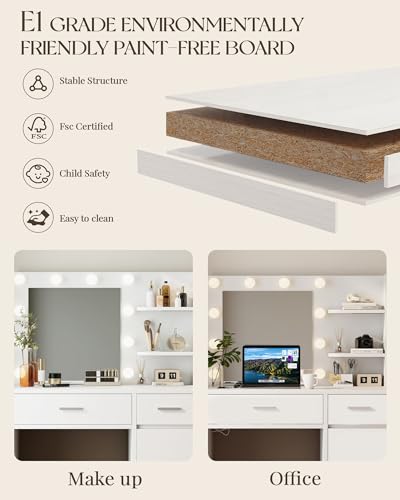 Vanity Desk with Mirror and Lights, Makeup Vanity with Drawer & Storage Shelves, Cabinet, 3 Lighting Modes Adjustable Brightness