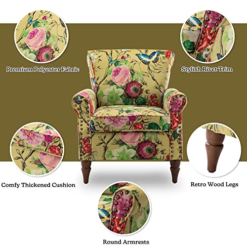 HULALA HOME Modern Wingback Accent Chair with Wood Legs & Removable Cushion, Comfy Upholstered Armchair with Nailhead Trim