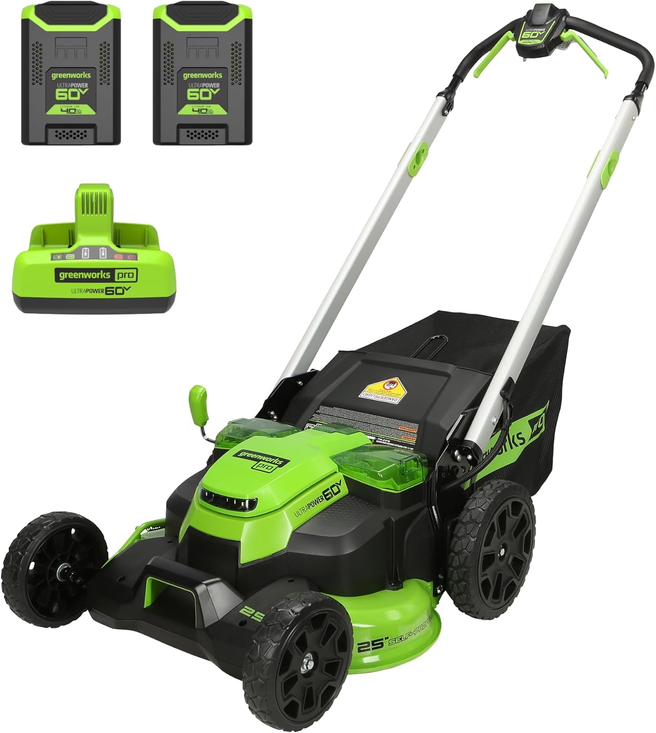 Greenworks 60V 25” Cordless (Self-Propelled) Lawn Mower (LED Lights + Aluminum Handles), 2 x 4.0Ah Batteries and Dual Port Rapid Charger