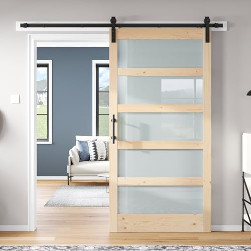 42x84 inch Glass Sliding Barn Door Slab with 7ft Hardware Kit Included, 5-Panel Frosted Glass, Spruce Wood Support DIY Dyeing, Easy Assembly