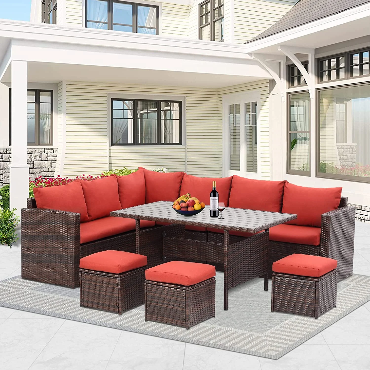 CozyHom 7 Pcs Outdoor Patio Wicker Dining Furniture Sofa Sets, Rattan Conversation Sectional Couch Set with Table and Ottomans, Red