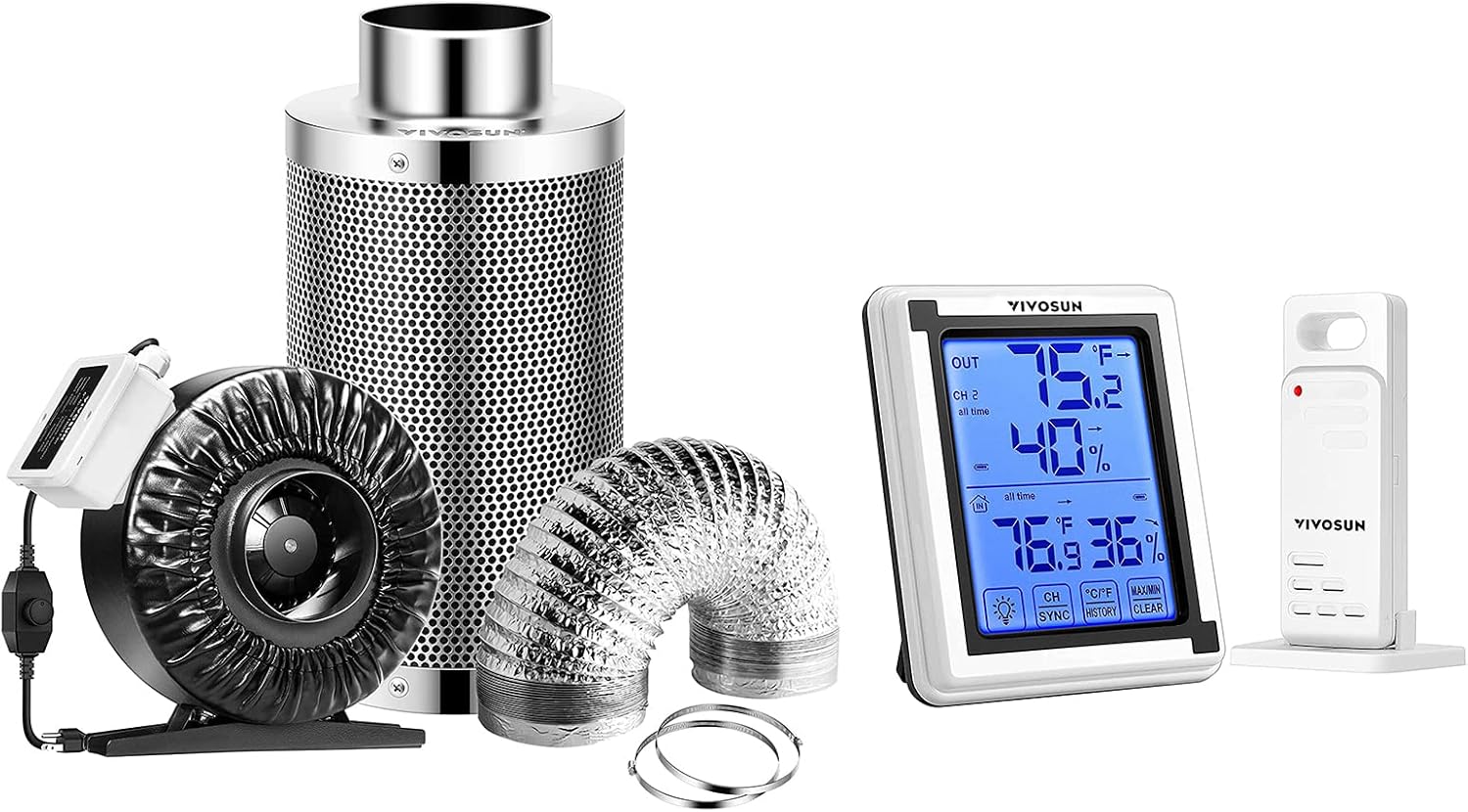 VIVOSUN Air Filtration Kit: 4 Inch 203 CFM Inline Fan with Speed Controller, 4'' Carbon Filter and 8 Feet of Ducting Combo