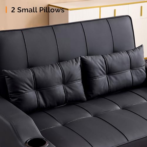 VINGLI Light Green Futon Sofa Bed Convertible Loveseat Sleeper Couch, Faux Leather Pullout Sofa Fold Out Couch Bed with USB Ports, Cup Holders